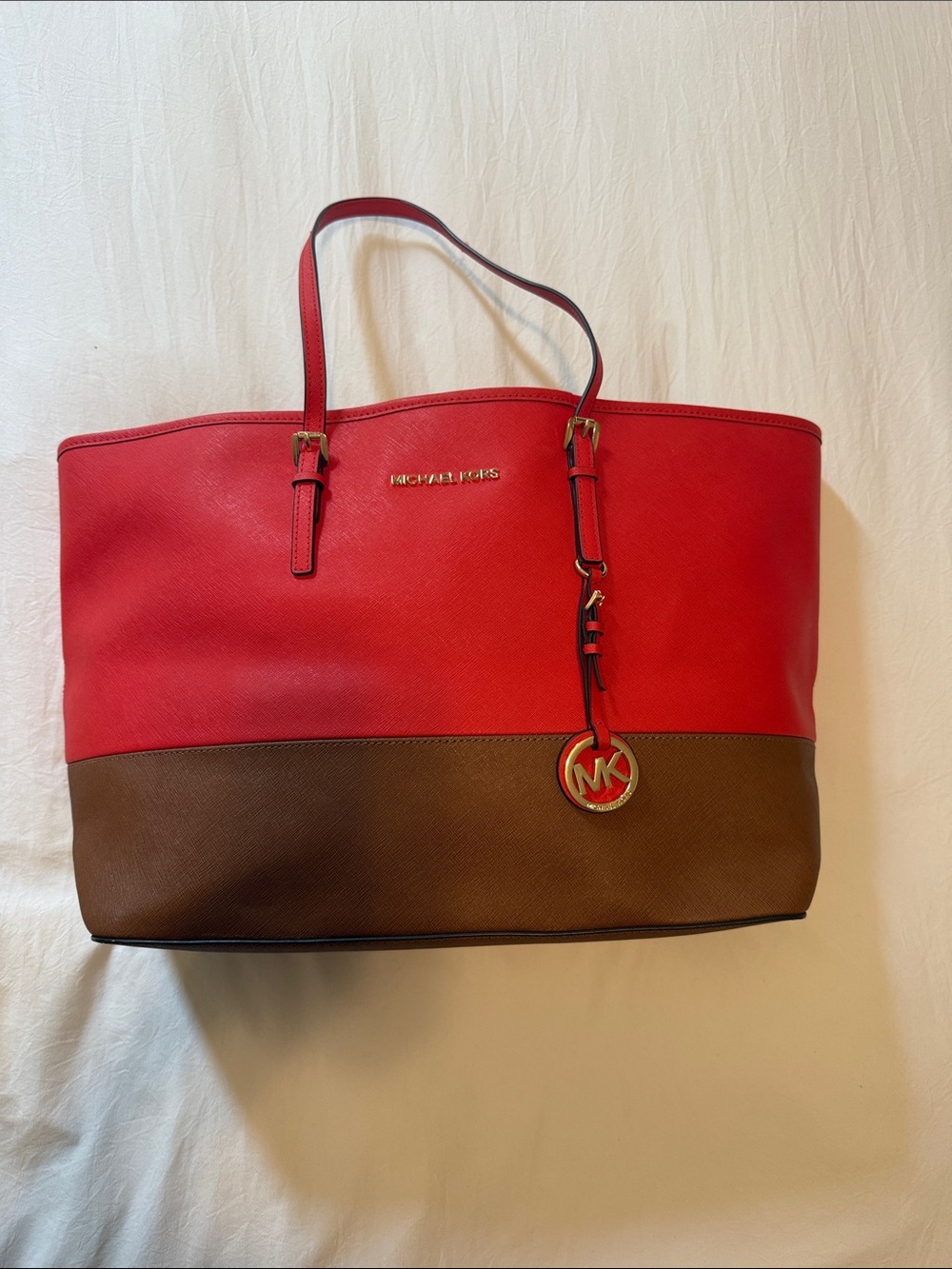Michael Kors Orange and Brown Two-Tone Saffiano Tote with MK Charm